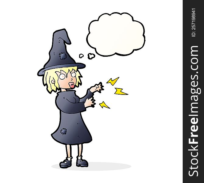 cartoon witch casting spell with thought bubble