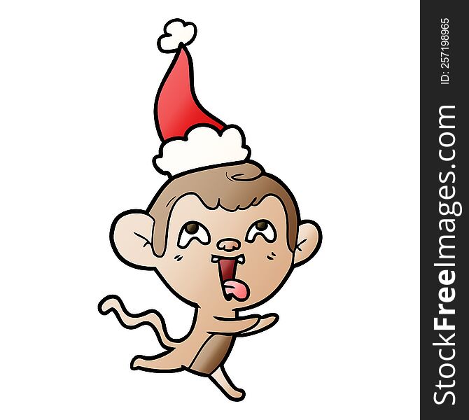 crazy hand drawn gradient cartoon of a monkey running wearing santa hat. crazy hand drawn gradient cartoon of a monkey running wearing santa hat