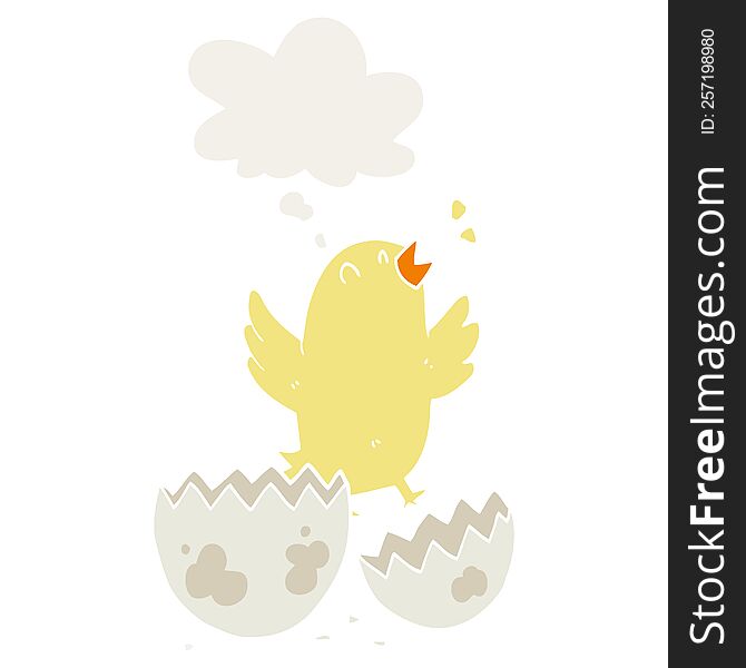 cartoon bird hatching from egg with thought bubble in retro style