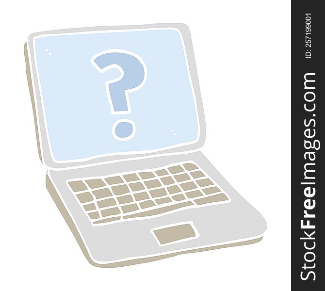 flat color illustration of a cartoon laptop computer with question mark