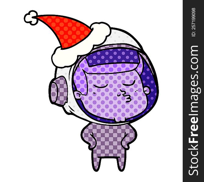 Comic Book Style Illustration Of A Confident Astronaut Wearing Santa Hat