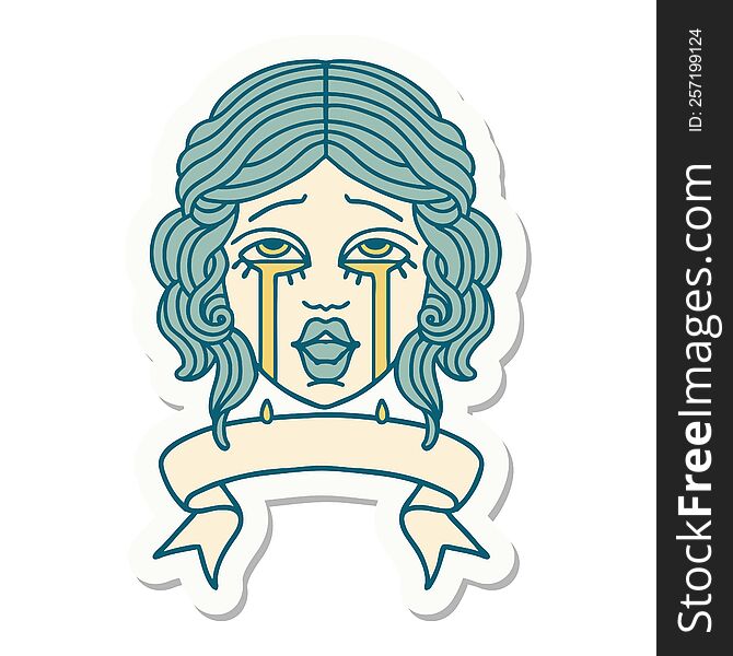 Tattoo Sticker With Banner Of A Very Happy Crying Female Face