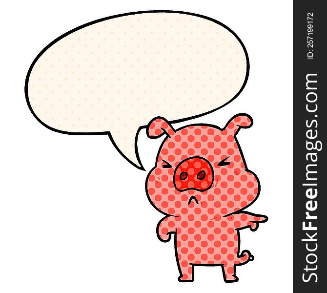 cartoon angry pig pointing with speech bubble in comic book style