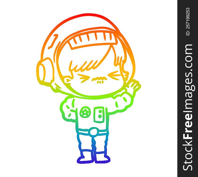 rainbow gradient line drawing of a angry cartoon space girl waving