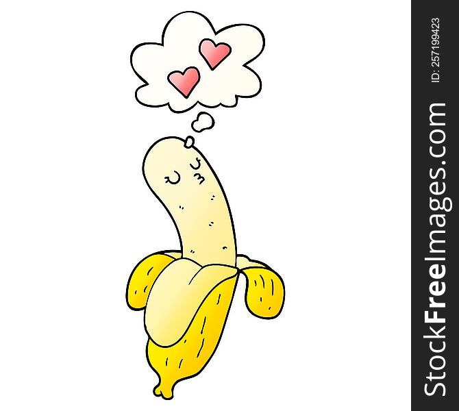 cartoon banana in love with thought bubble in smooth gradient style