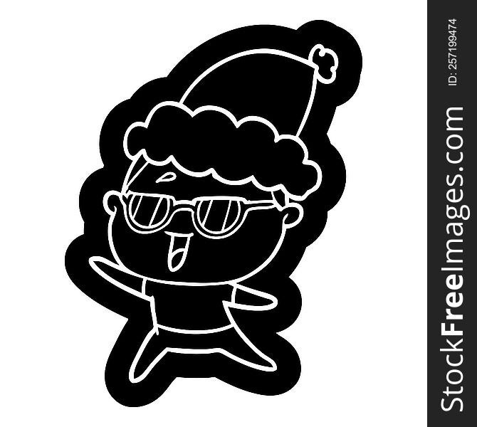 quirky cartoon icon of a happy woman wearing spectacles wearing santa hat