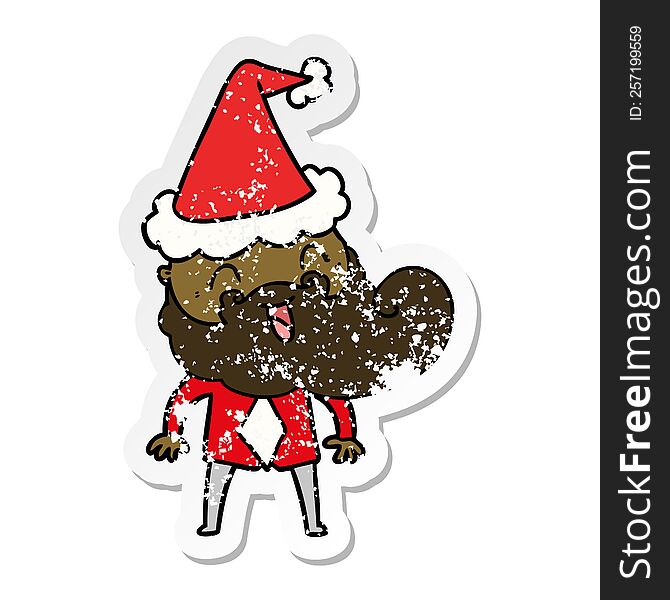 Hand Drawn Distressed Sticker Cartoon Of A Happy Bearded Man Wearing Santa Hat