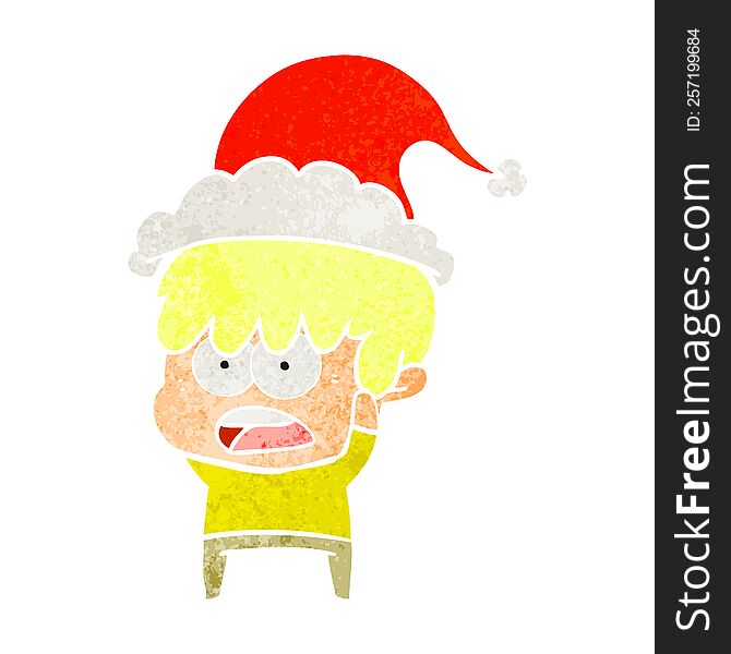 worried hand drawn retro cartoon of a boy wearing santa hat. worried hand drawn retro cartoon of a boy wearing santa hat