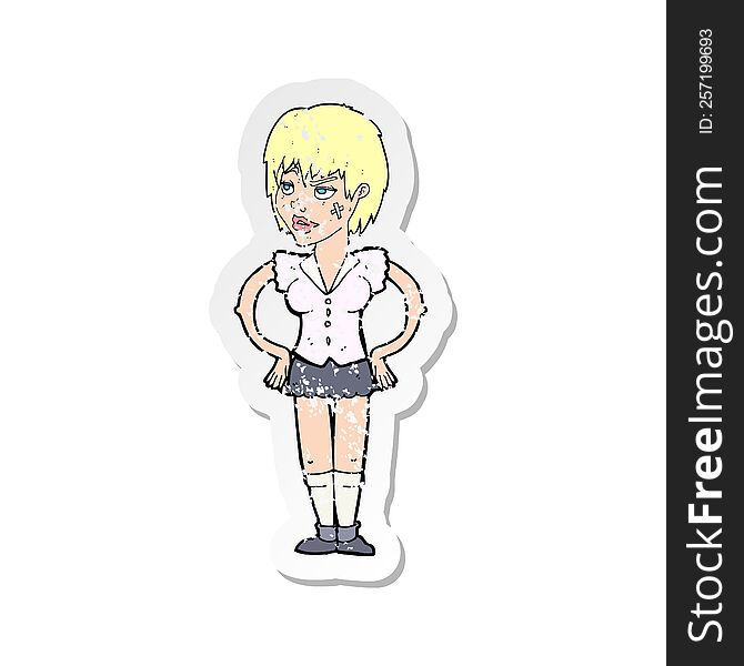 Retro Distressed Sticker Of A Cartoon Tough Woman With Hands On Hips