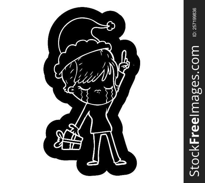 quirky cartoon icon of a woman crying wearing santa hat