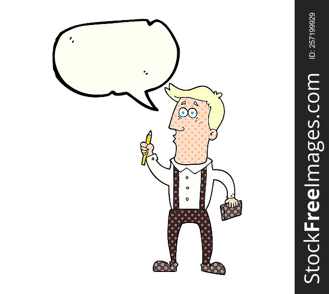freehand drawn comic book speech bubble cartoon man with notebook