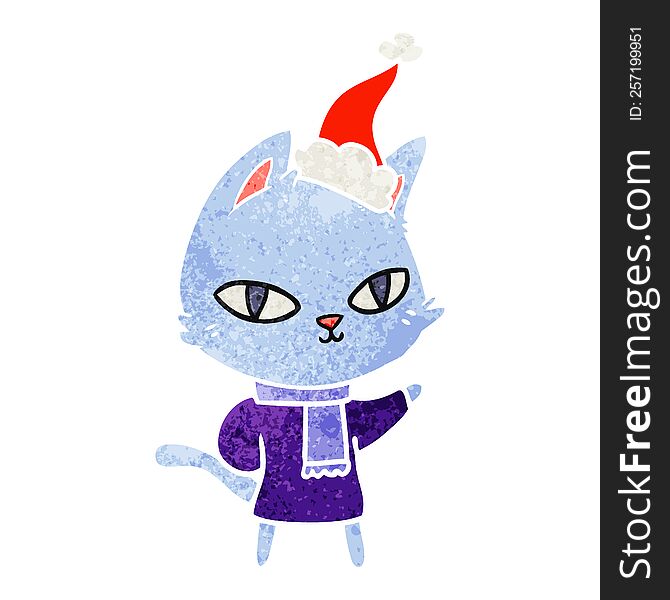 hand drawn retro cartoon of a cat staring wearing santa hat