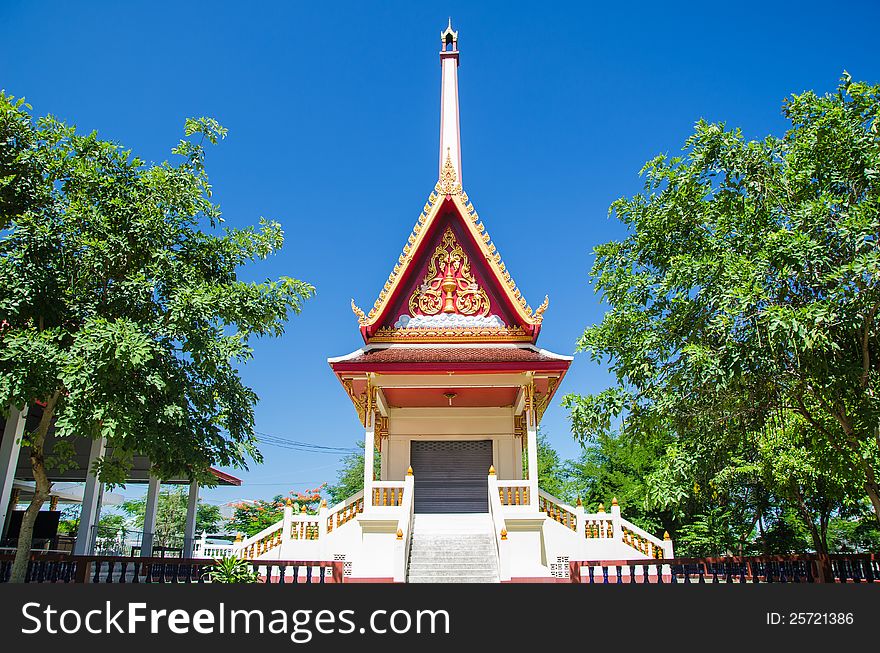 The beautiful Thai temple in blue sky, Rayong, Thailand