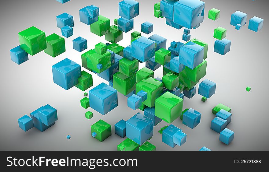 Abstract green and blue cubes background, 3D render. Abstract green and blue cubes background, 3D render