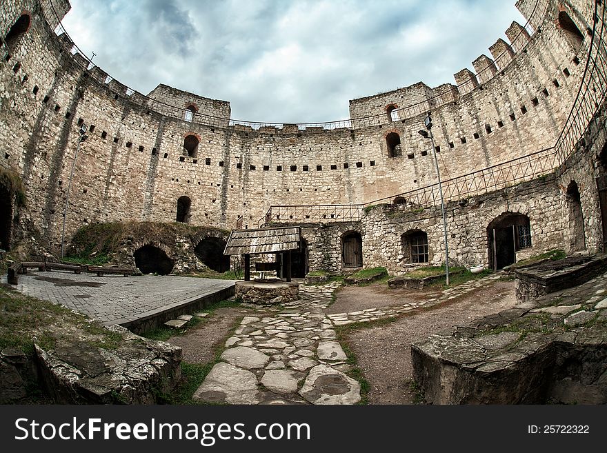 The medieval fortress. Photographed inside and arranged in a semicircle