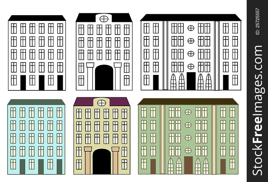 City buildings set colored and silhouettes