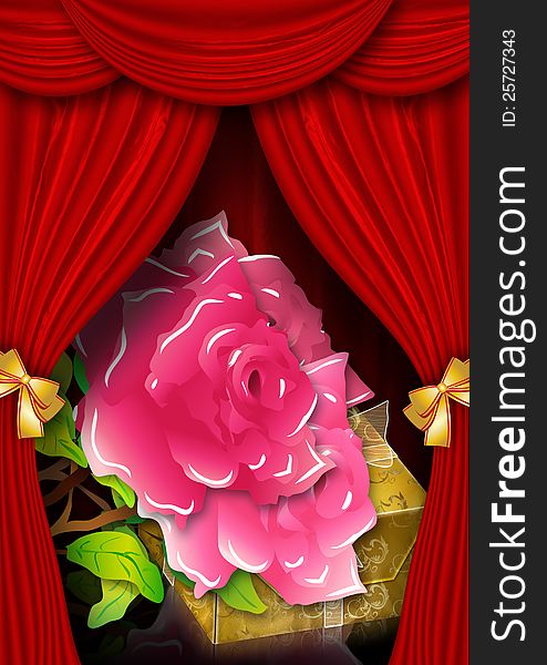 Red Stage Theater Drapes with Roses and Gift Box. Red Stage Theater Drapes with Roses and Gift Box.