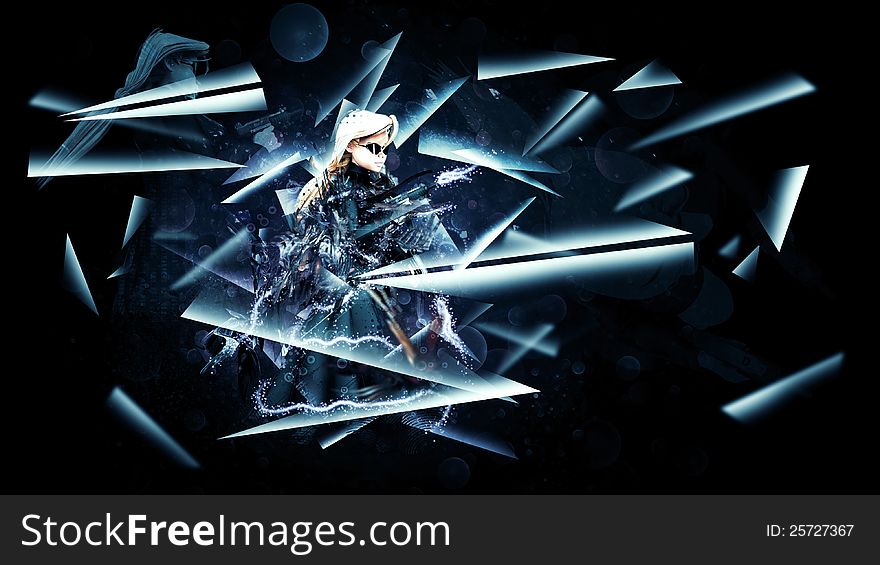 3D Girl with army weapons in black coat and sun glasses. 3D Girl with army weapons in black coat and sun glasses.