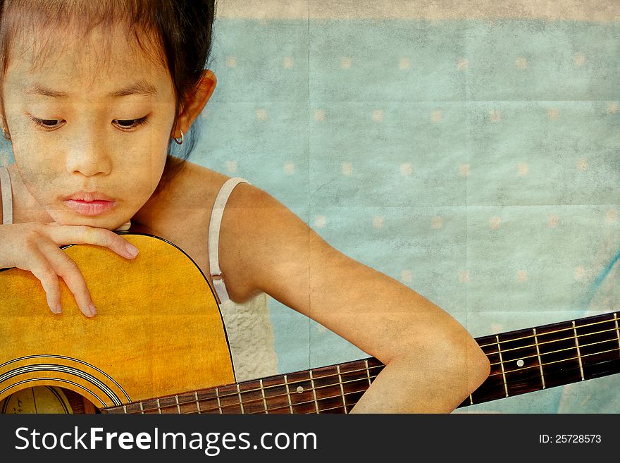 Asian girl with guitar retro style