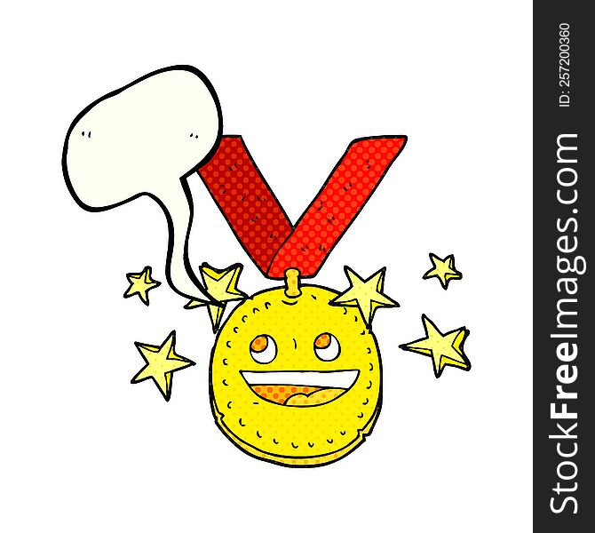 freehand drawn comic book speech bubble cartoon happy sports medal