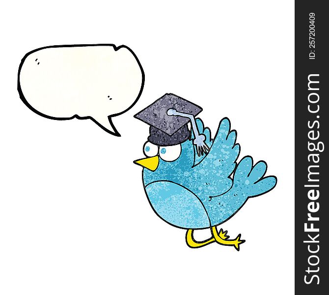 freehand speech bubble textured cartoon bird wearing graduation cap