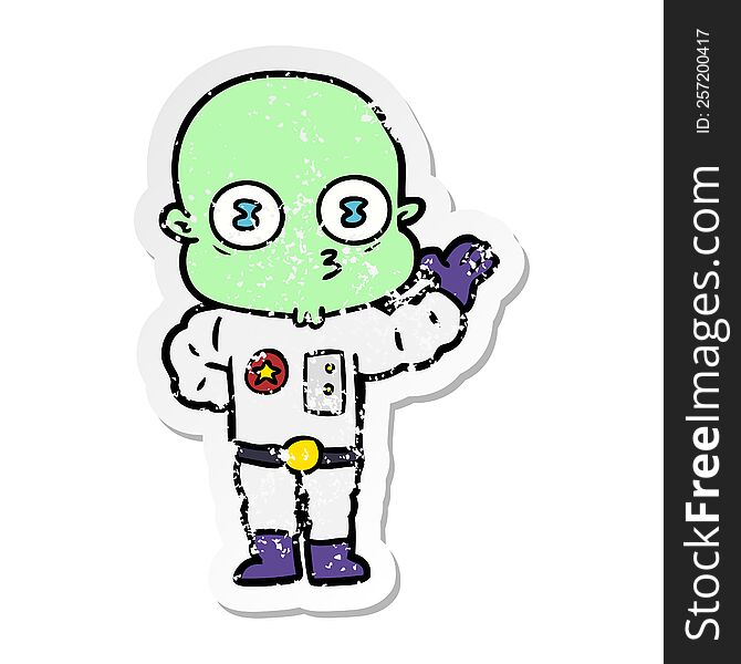 distressed sticker of a waving weird bald spaceman