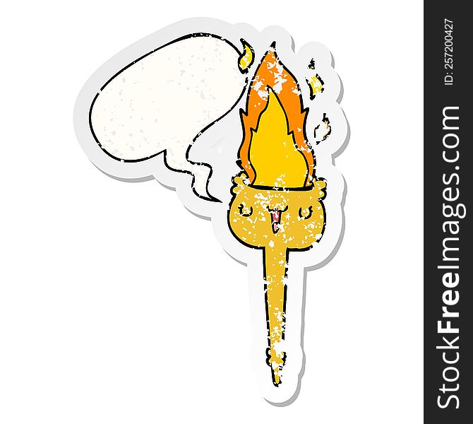 Cartoon Flaming Torch And Speech Bubble Distressed Sticker