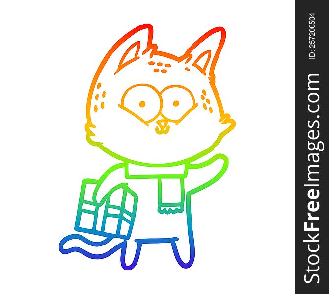 rainbow gradient line drawing of a cartoon cat holding christmas present