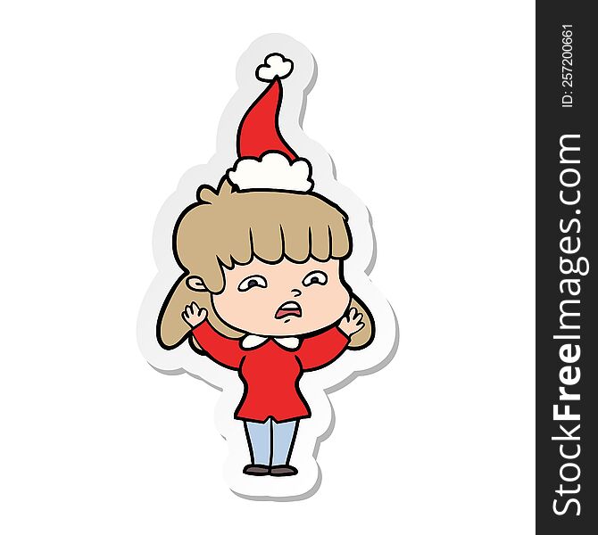 hand drawn sticker cartoon of a worried woman wearing santa hat