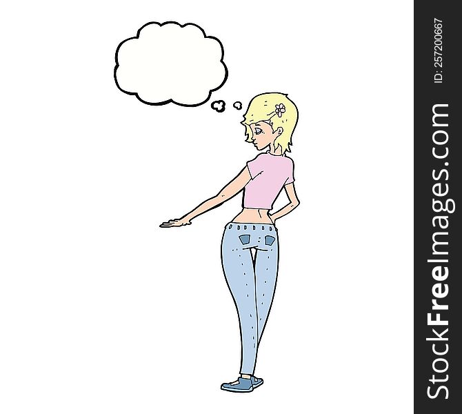 cartoon pretty girl in jeans and tee with thought bubble