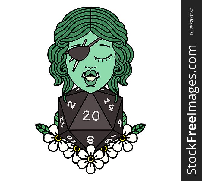 Retro Tattoo Style half orc rogue with natural twenty dice roll. Retro Tattoo Style half orc rogue with natural twenty dice roll