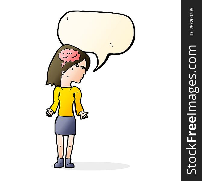 Cartoon Clever Woman Shrugging Shoulders With Speech Bubble