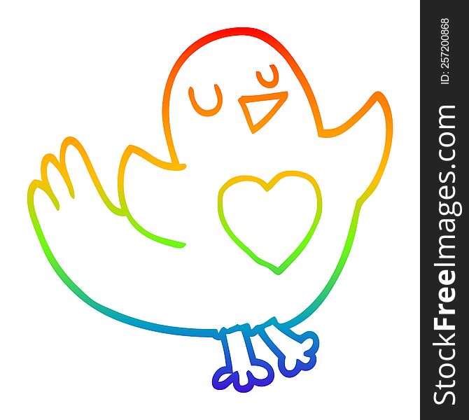 Rainbow Gradient Line Drawing Cartoon Bird With Love Heart