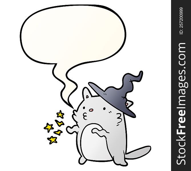 magical amazing cartoon cat wizard with speech bubble in smooth gradient style