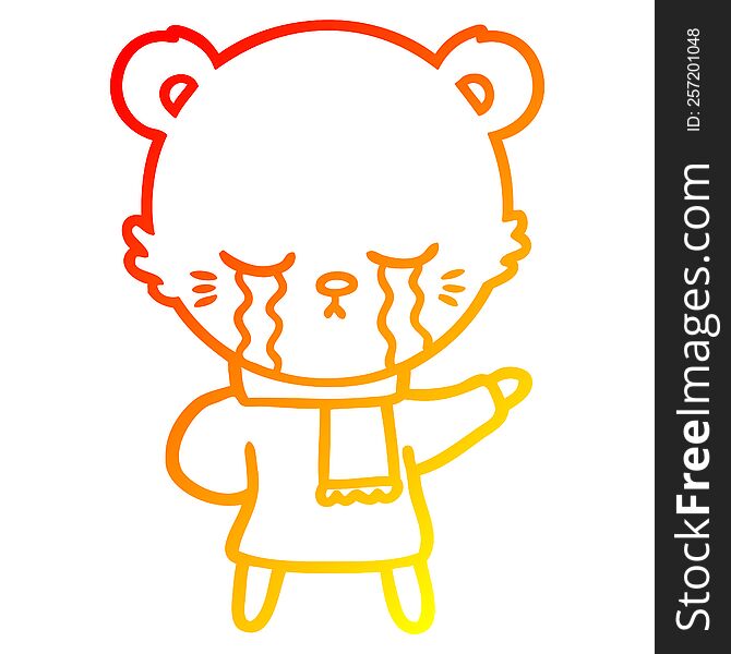 Warm Gradient Line Drawing Crying Cartoon Bear Wearing Winter Clothes