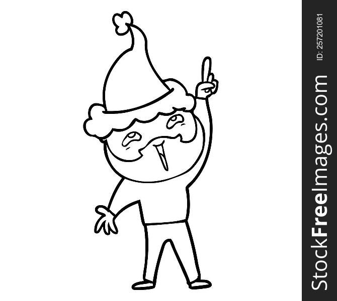 hand drawn line drawing of a happy bearded man wearing santa hat