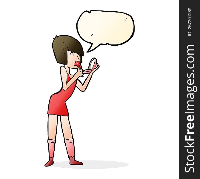 cartoon woman applying lipstick with speech bubble