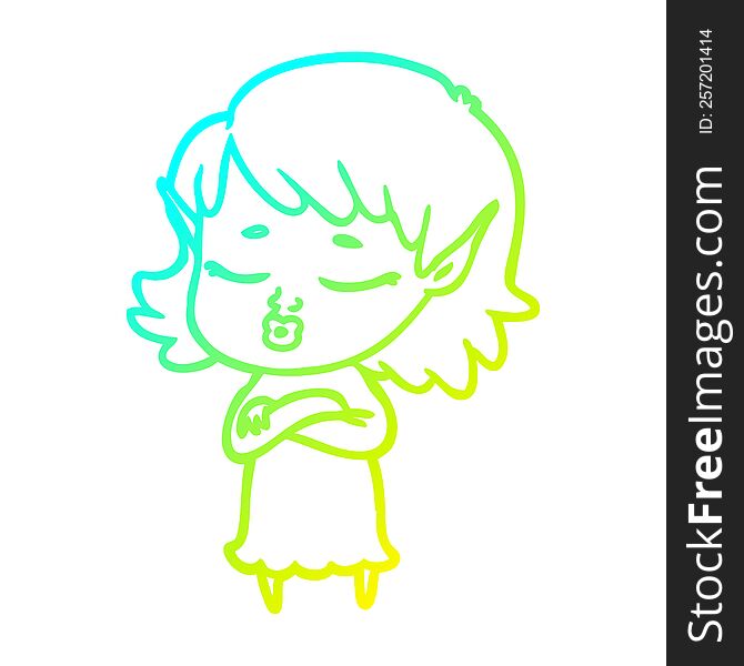 Cold Gradient Line Drawing Pretty Cartoon Elf Girl With Corssed Arms