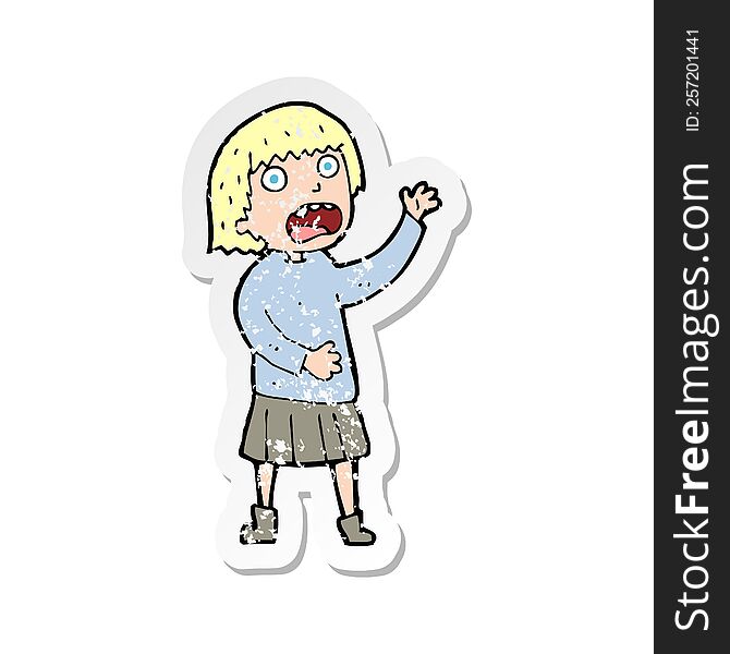 retro distressed sticker of a cartoon stressed out woman