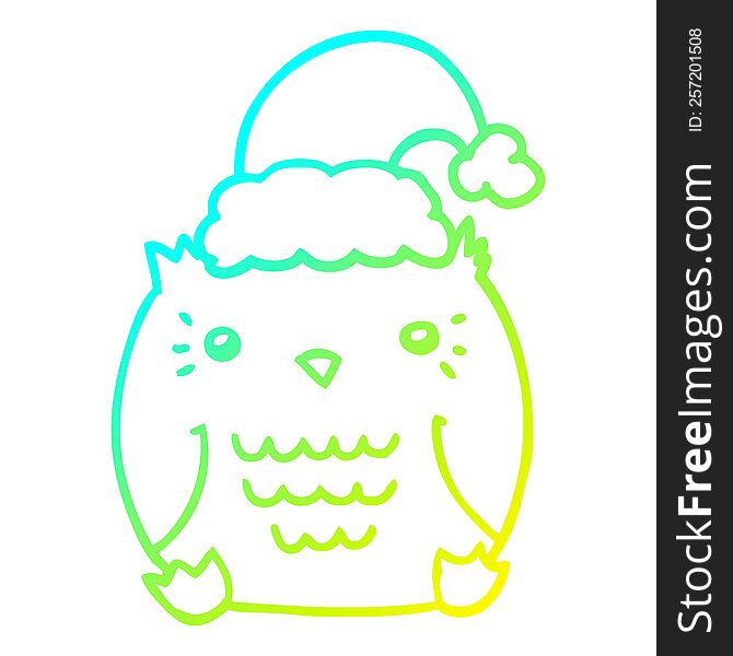 Cold Gradient Line Drawing Cute Cartoon Owl Wearing Christmas Hat