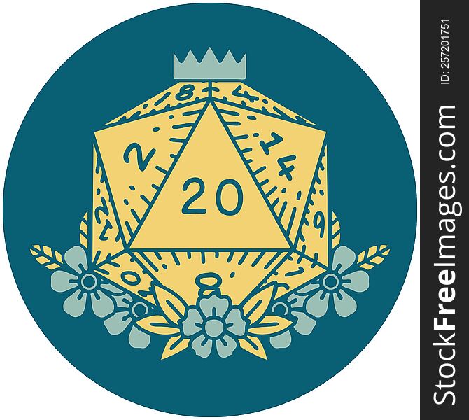 natural 20 D20 dice roll with floral elements illustration