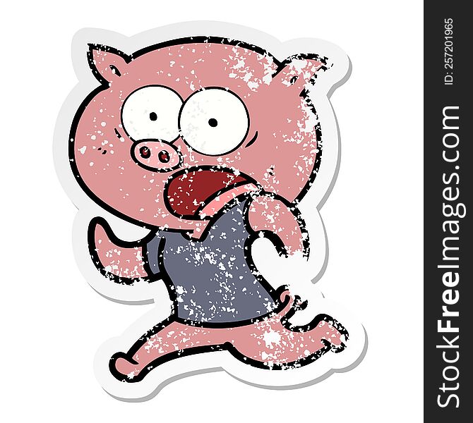 distressed sticker of a cartoon pig running away