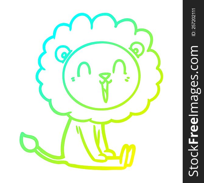 Cold Gradient Line Drawing Laughing Lion Cartoon Sitting