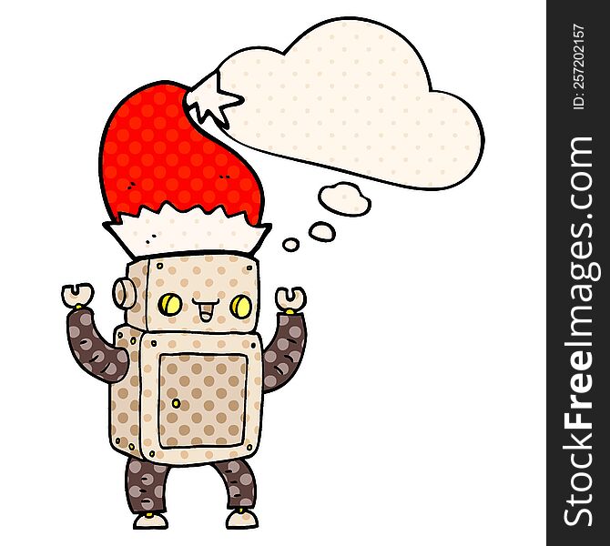 cartoon christmas robot with thought bubble in comic book style