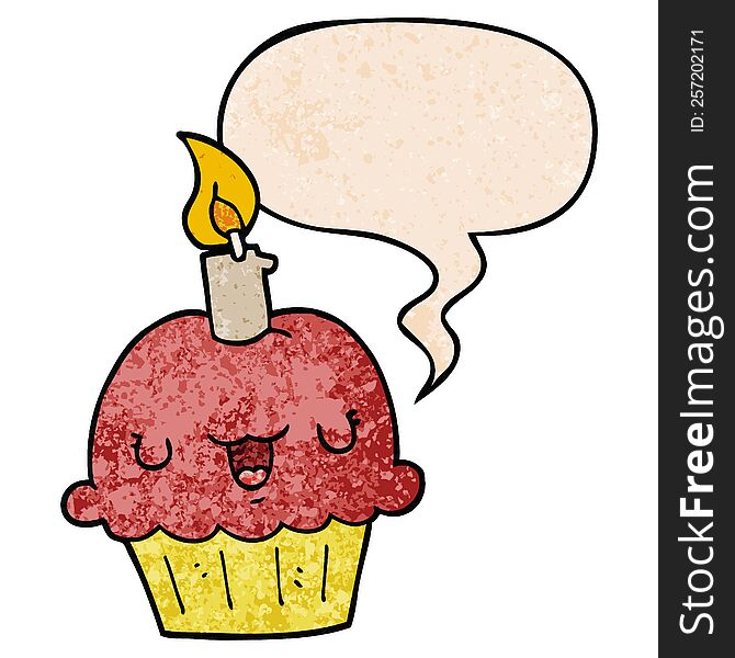 cartoon cupcake with speech bubble in retro texture style