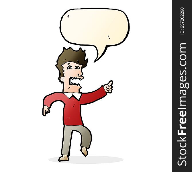 Cartoon Frightened Man Pointing With Speech Bubble