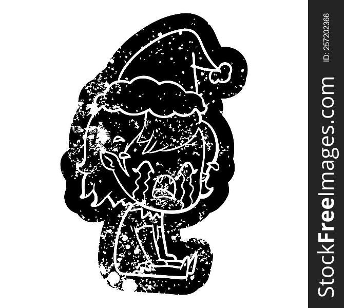 quirky cartoon distressed icon of a crying vampire girl wearing santa hat
