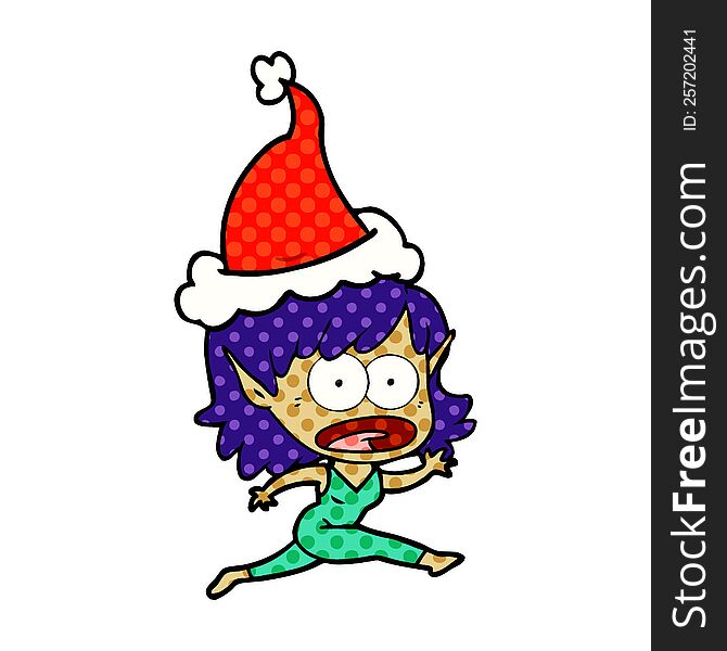 hand drawn comic book style illustration of a shocked elf girl wearing santa hat