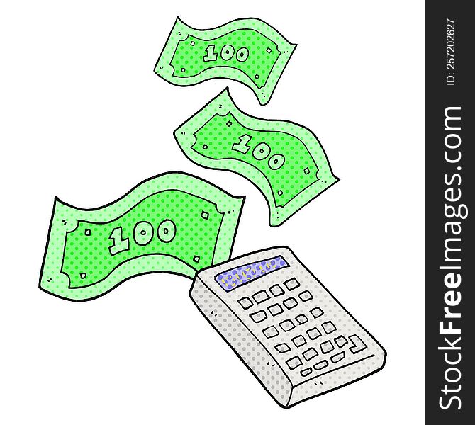 freehand drawn comic book style cartoon calculator counting money