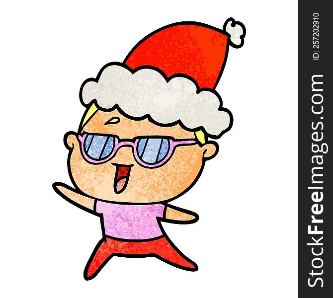 hand drawn textured cartoon of a happy woman wearing spectacles wearing santa hat